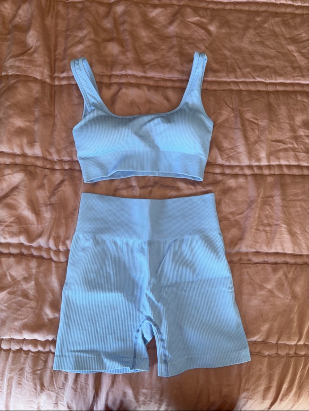 Light Blue Ribbed Seamless Crop Bralette & biker short workout top